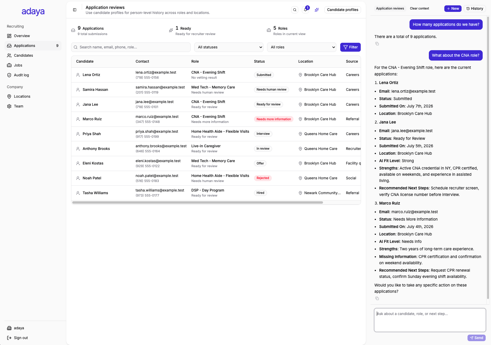Adaya application reviews showing a candidate queue and AI recruiting assistant