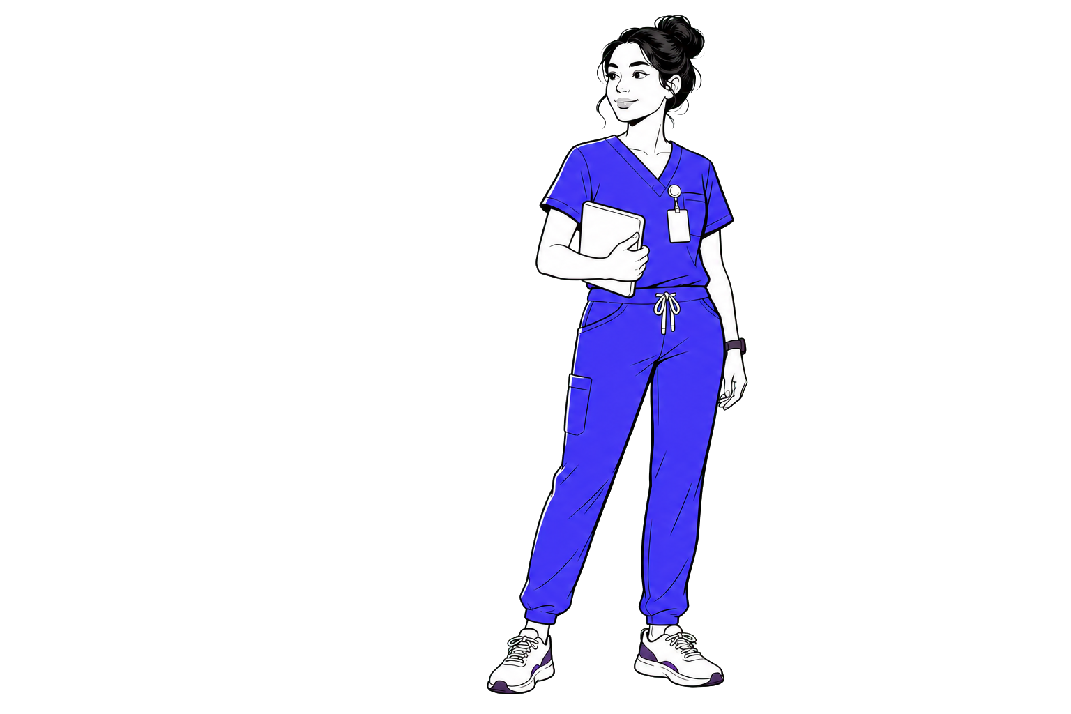 Illustration of a registered nurse in indigo scrubs